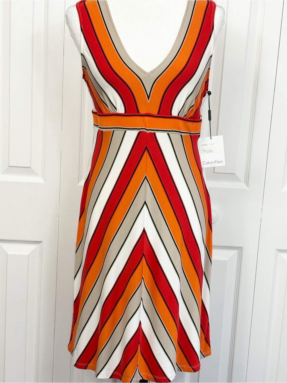 NWT Calvin Klein Orange Multi Chevron Stripe Stretch Knit Mini Dress 12